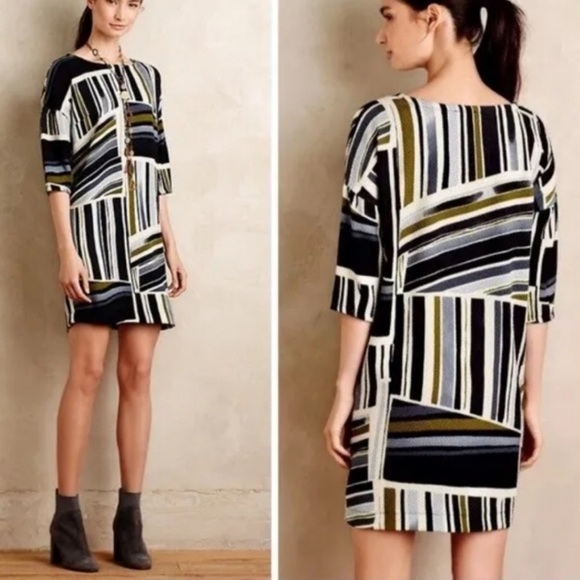 Weston Anthropologie Geometric Striped 3/4 Sleeve Shift Dress Size Medium - Picture 12 of 12